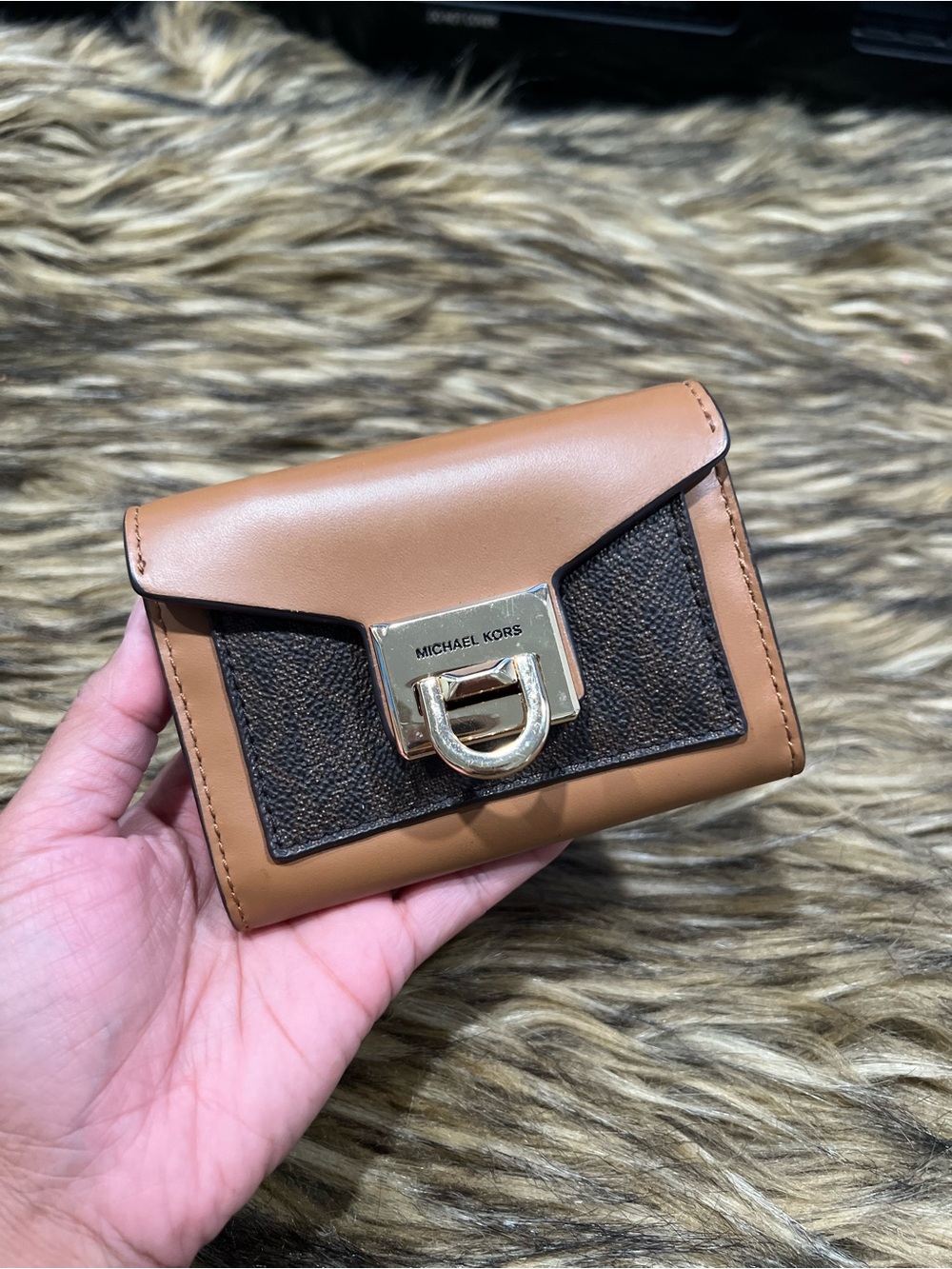 Michael Kors Tan and Brown Logo-Trim Compact Wallet with Gold Hardware